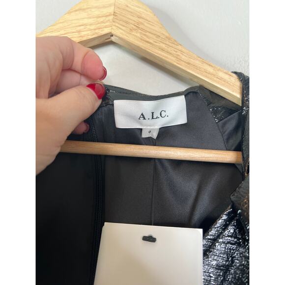 NWT A.L.C. Park Crinkled Faux Leather Puff Sleeve Lined Mini Dress Black Size: 0 - Picture 5 of 8